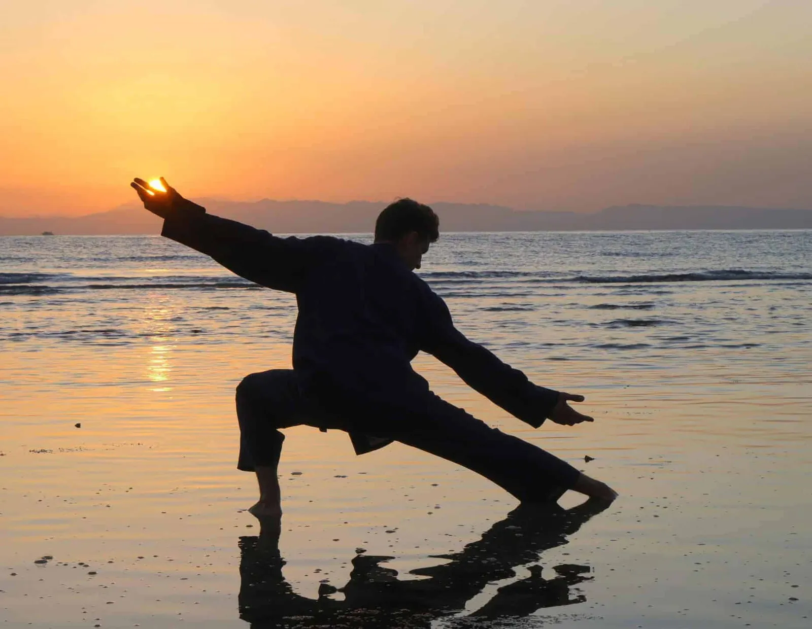 A practitioner silhouetted against the sea at sunset