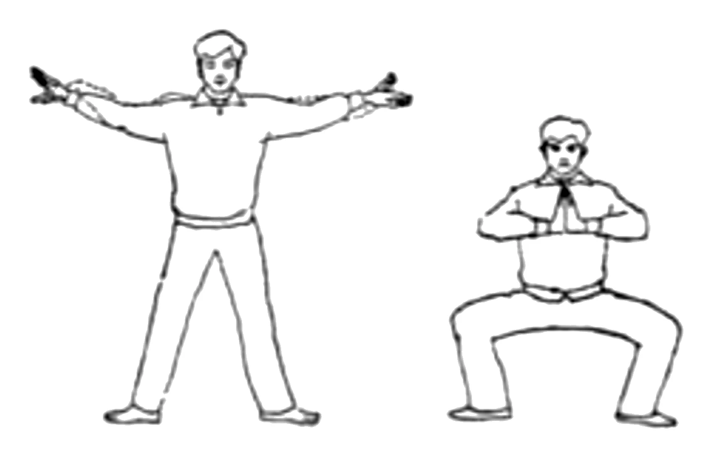 Line drawings of two movements from the Body Mind Method: arms stretched out to the sides, and a wide squat with palms together