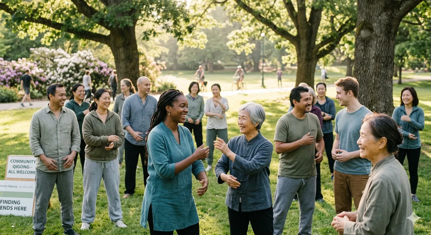 A group practising Qi Gong together in a park