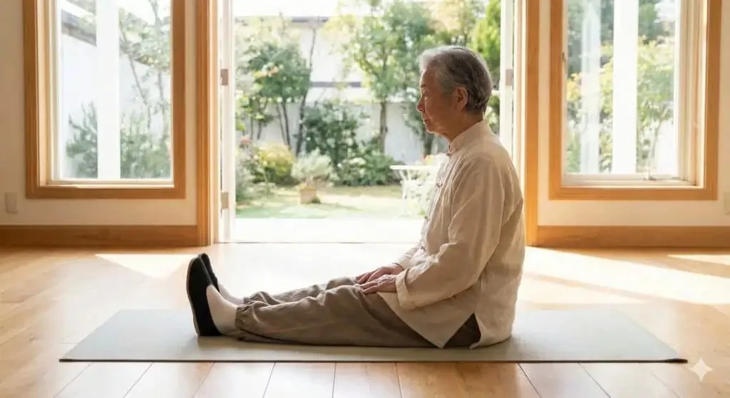 A practitioner sitting on a mat in a bright room